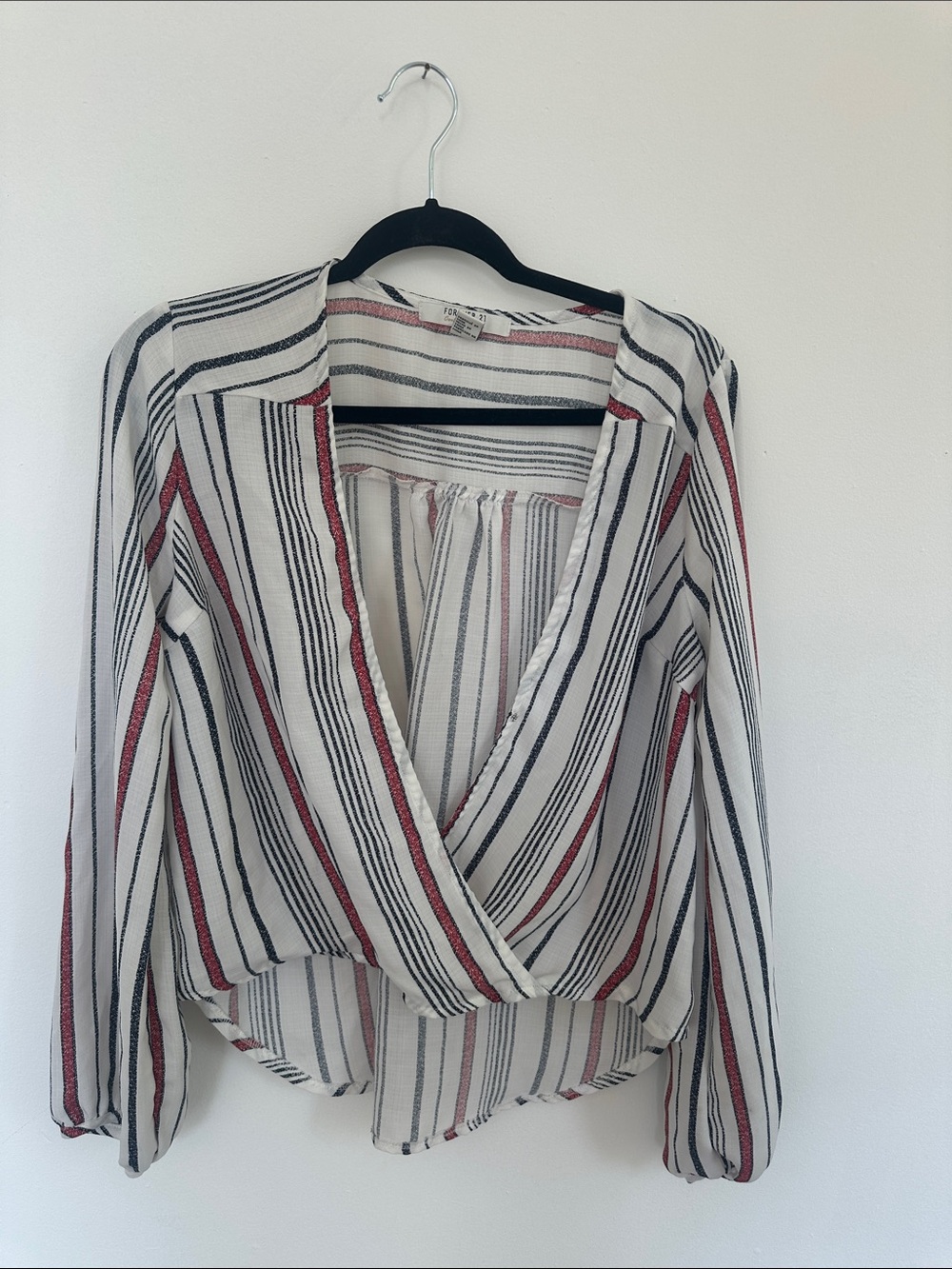 Forever 21 White Wrap Blouse with Black & Red Stripes
